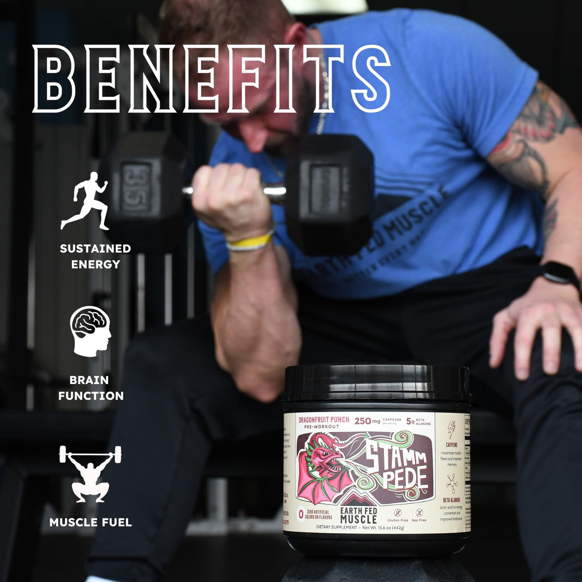 Earth Fed Muscle Stammpede Lemonade Pre Workout, Third-Party Certified. 250mg Caffeine, Lemonade - 5g Beta Alanine, Citrulline Malate, Taurine - Soy Free, Gluten Free - 16 oz, 26 Servings | Third-Party Certified, 250mg Caffeine, 5g Beta Alanine, Citrullin