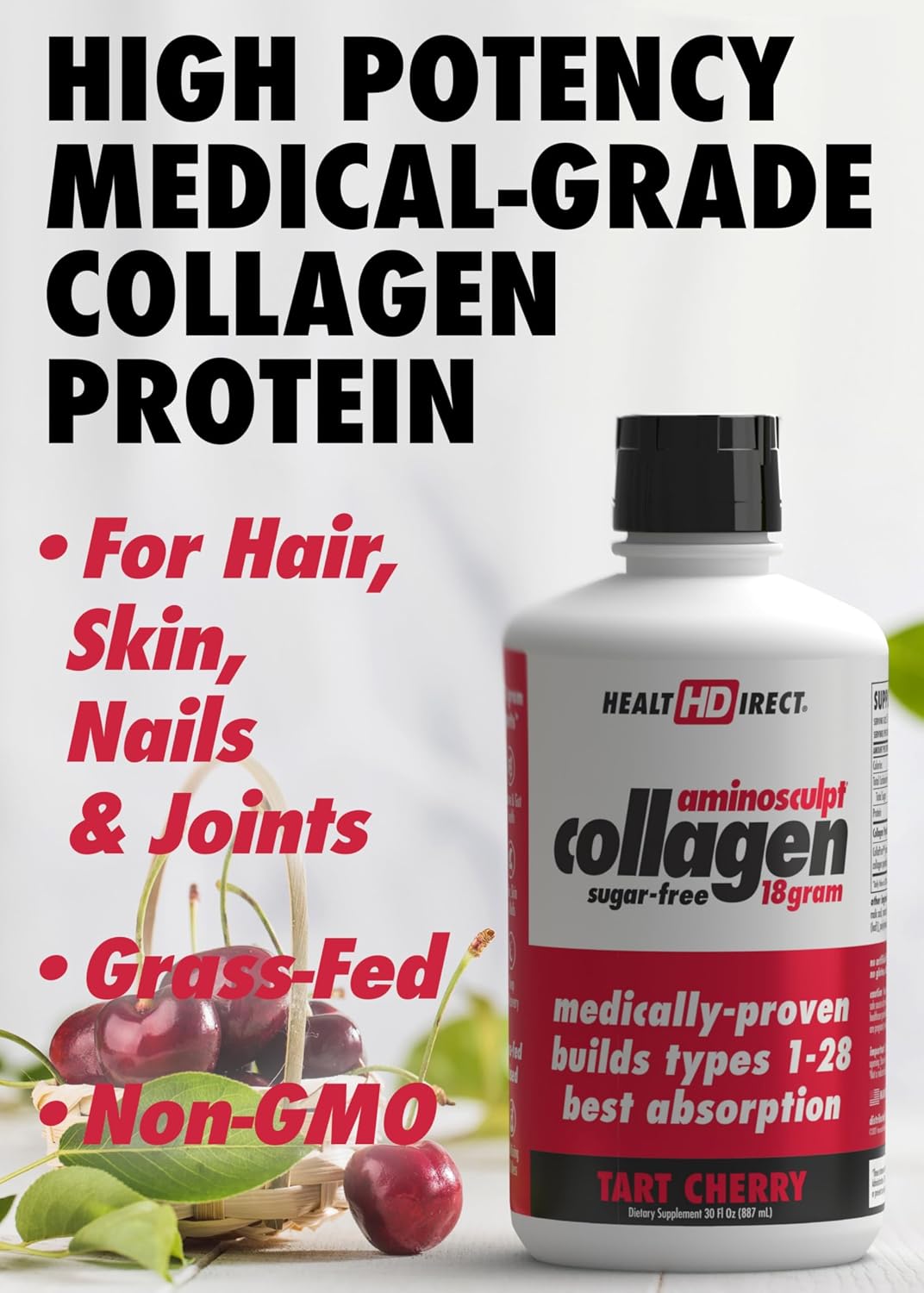 HEALTH DIRECT AminoSculpt Sugar-Free Liquid Collagen, Tart Cherry, 30 oz | High-Potency Collagen for Men & Women. Supports Hair, Skin, Nails & Joints. Medical-Grade, No Mixing, Non-GMO & Grass-Fed