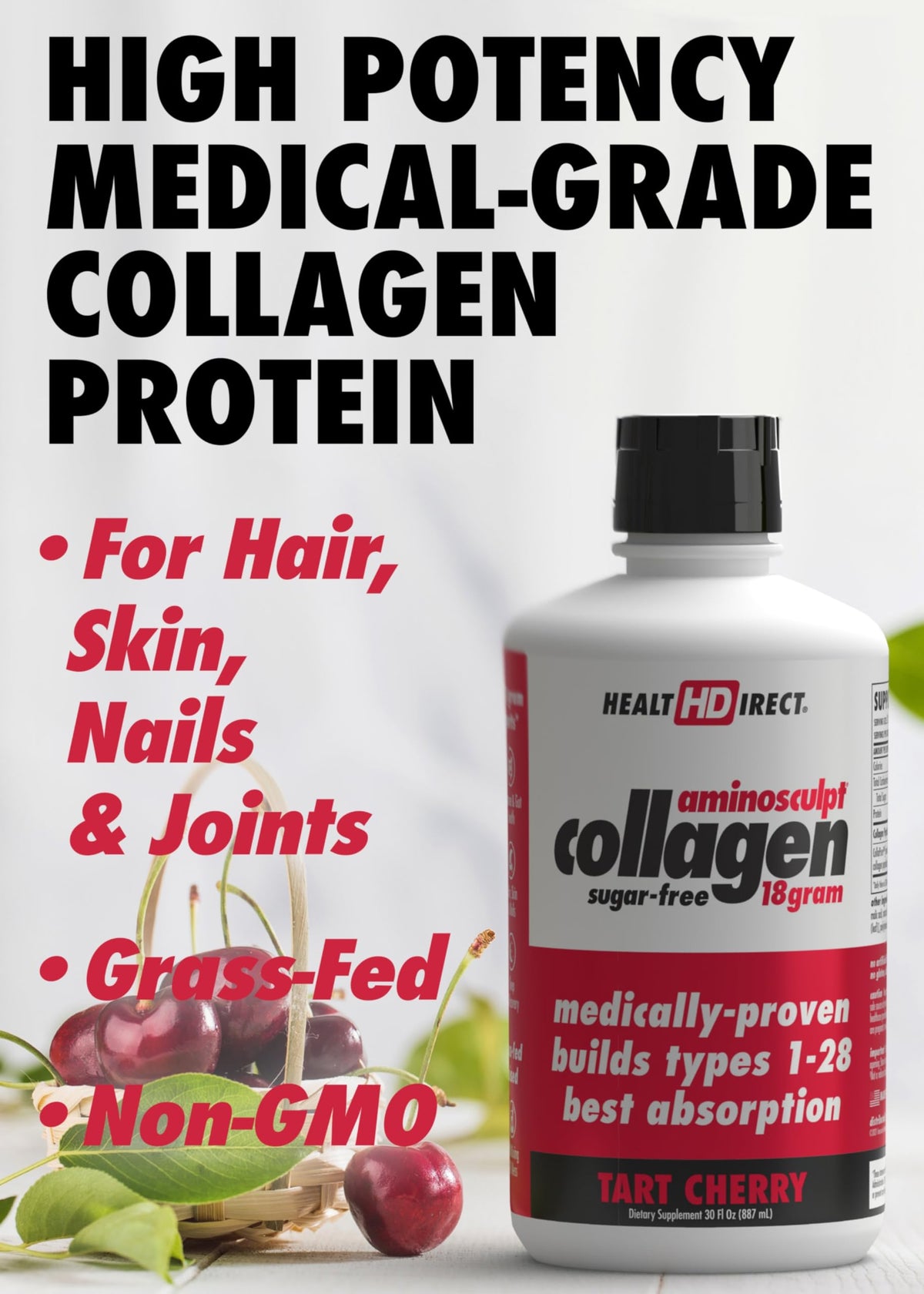 HEALTH DIRECT AminoSculpt Sugar-Free Liquid Collagen, Tart Cherry, 30 oz | High-Potency Collagen for Men & Women. Supports Hair, Skin, Nails & Joints. Medical-Grade, No Mixing, Non-GMO & Grass-Fed