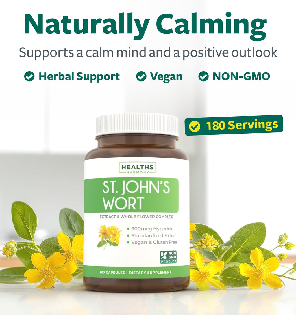 St John's Wort Capsules - Powerful & Potent Saint John's Wort Extract & Whole Herb Complex Standardized to 900mcg Hypericin for Balancing Daily Mood Support - Vegan Non-GMO & Lab Verified (120 Caps)