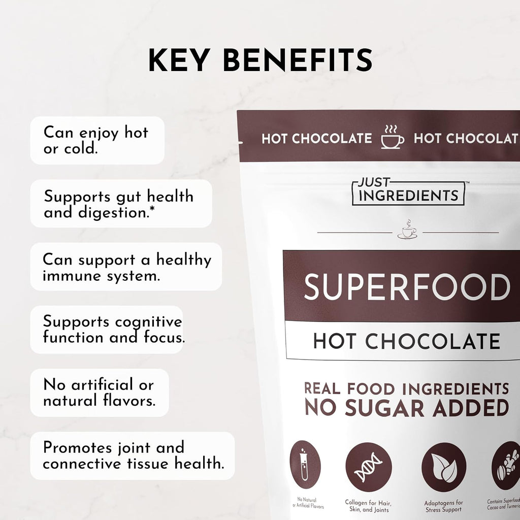 JUST INGREDIENTS Superfood Hot Chocolate Powder - Collagen, Cacao, Ashwagandha, Turmeric, 25 Servings