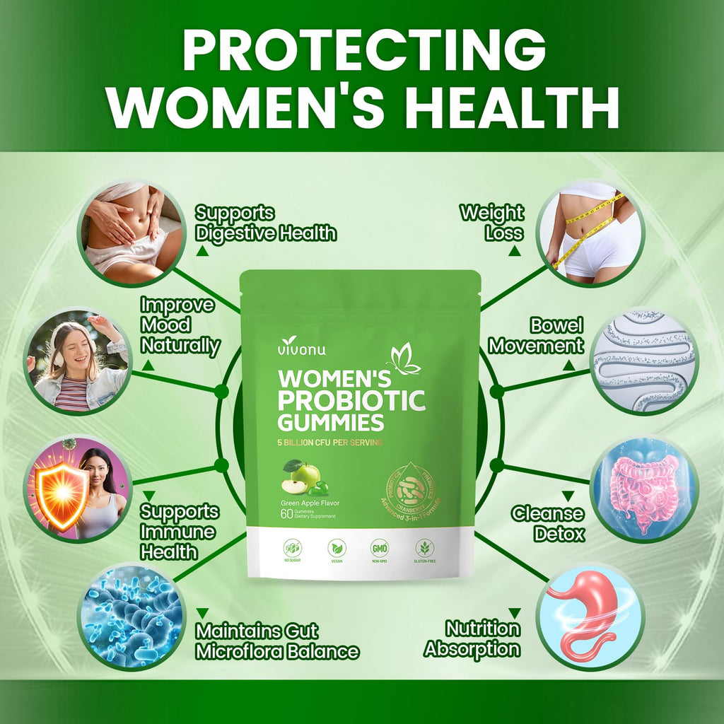 VivoNu Viginal Probiotic for Women, Women Probiotic Gummies, Feminine Balance Gummies, Green Apple Probiotics for Woman Vaginigal Health, Yeast Ph Balance