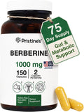 PRISTINE'S Berberine 1000mg Capsules, Daily Wellness Support, 75 Day Supply | Simple 2-capsule berberine routine with 1000mg per serving. Daily wellness, 75 day supply, vegan, non-GMO, gluten-free