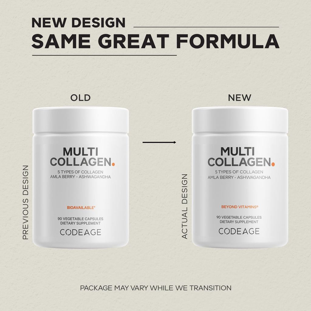 Codeage Multi Collagen Peptides Protein Capsules, 5 Collagen Types, Grass-Fed & Hydrolyzed Bovine Collagen Pills Supplement, Ashwagandha, Amla Berry Vitamins, Collagen Peptides - 90 Capsules