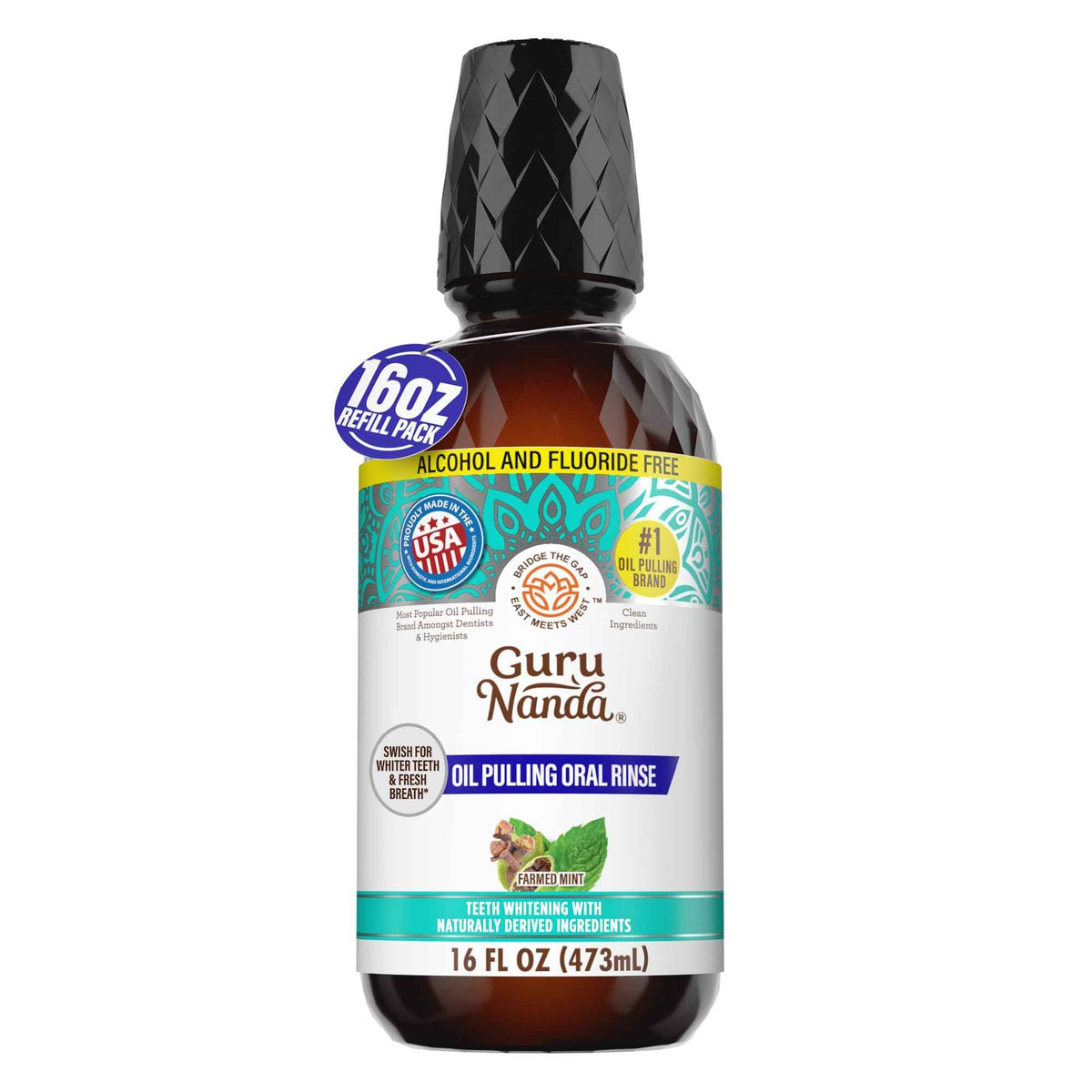 GuruNanda Farmed Mint Oil Pulling Mouthwash for Complete Oral Hygiene, 7 Essential Oils & Vitamins for Happy Teeth & Gums