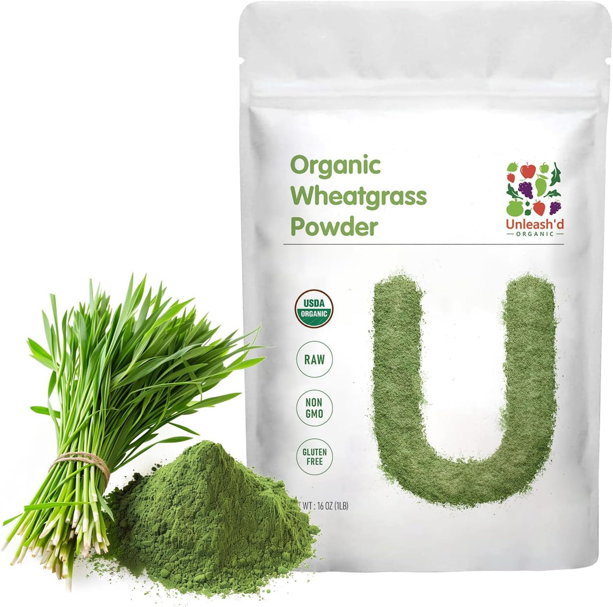 Unleash’d Organic Wheatgrass Powder 16 oz – 100% Pure Superfood, Rich in Vitamins, Fiber & Minerals for Immune Support & Wellness