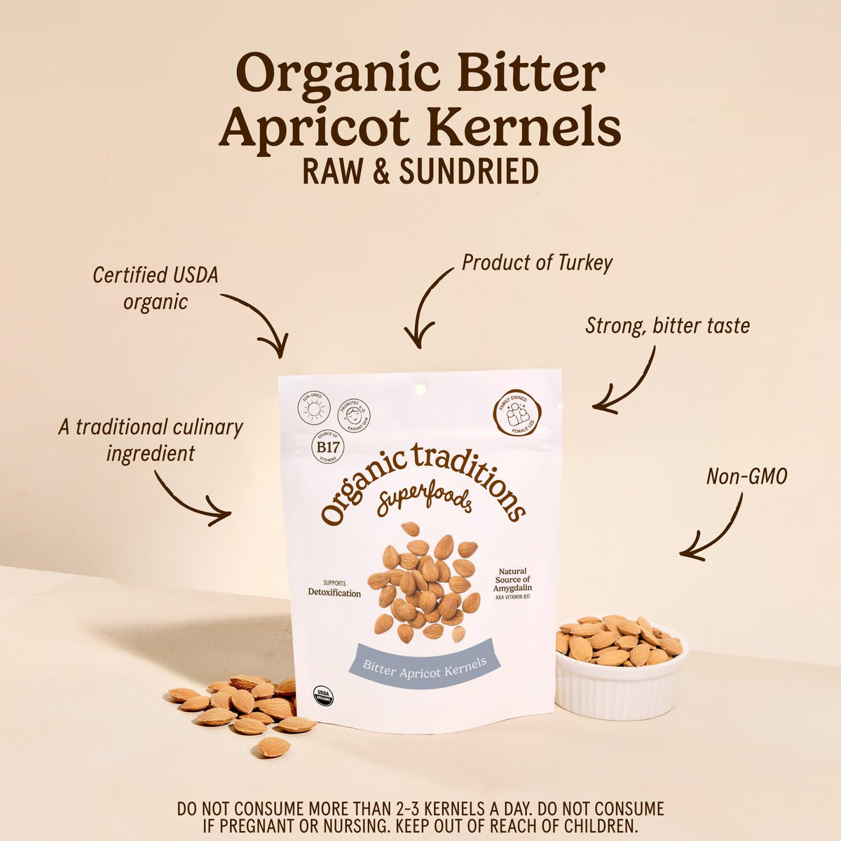 Organic Traditions Apricot Kernels, Organic Apricot Seeds, Sundried Sweet and Bitter Taste, Vegan, Source of Vitamin B17, Non GMO, Whole Foods Delivery, Plant Based for Snacking and Blending, 8 oz