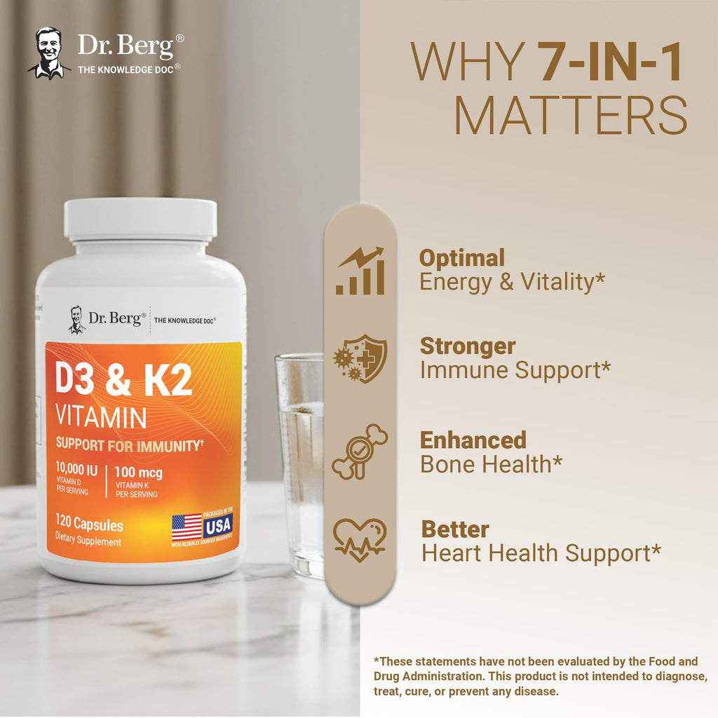 Dr. Berg Maximum Strength 7-in-1 Vitamin D3 K2 5000 IU | Naturally Derived D3 | 4X Lab-Tested & Verified | High Absorption Formula | K2 D3 Vitamin Supplement | 60 Capsules