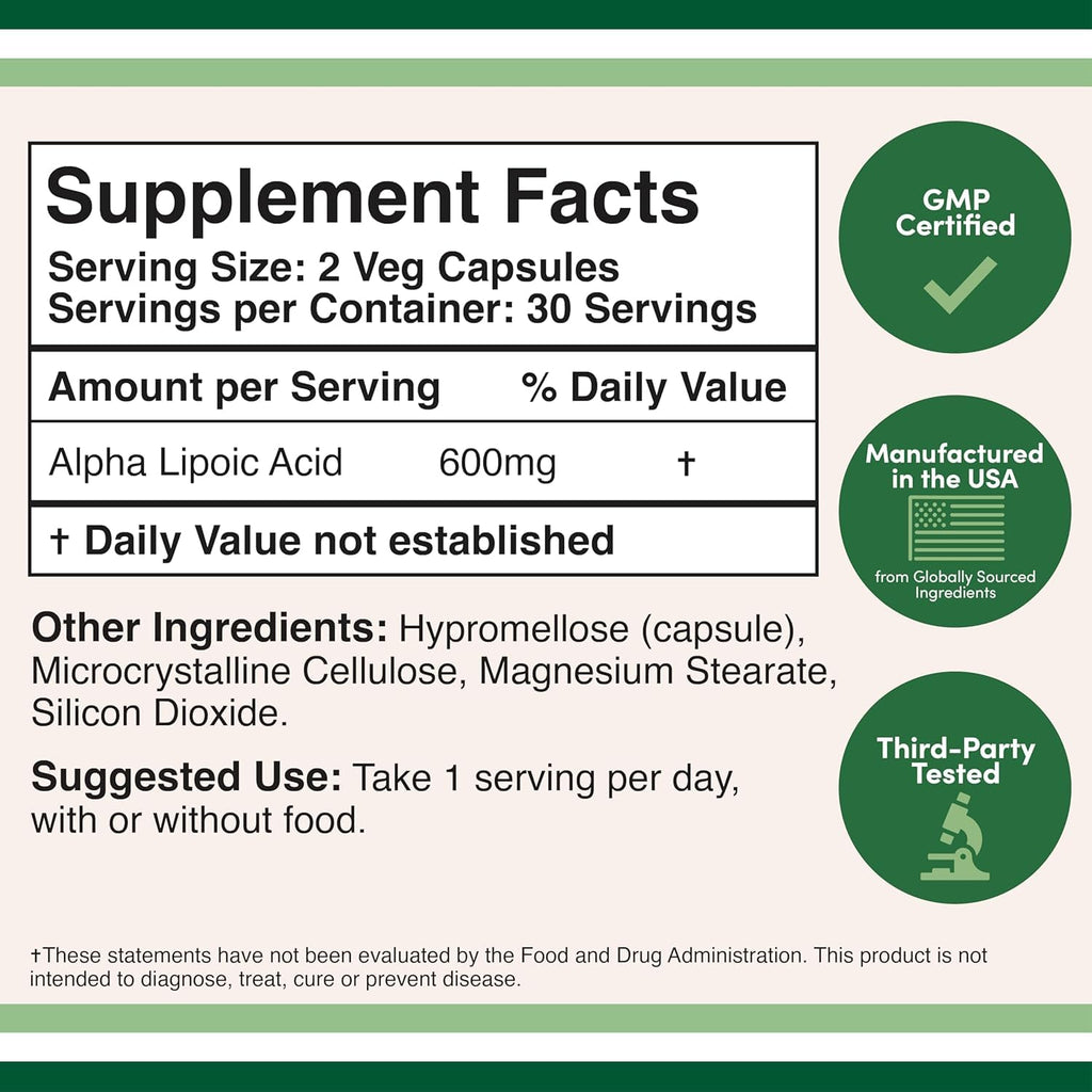 Alpha Lipoic Acid 600mg per Serving, 60 Capsules (Third Party Tested, Non-GMO, Gluten Free, Vegan Safe) Cellular Energy Support (ALA Supplement) by Double Wood