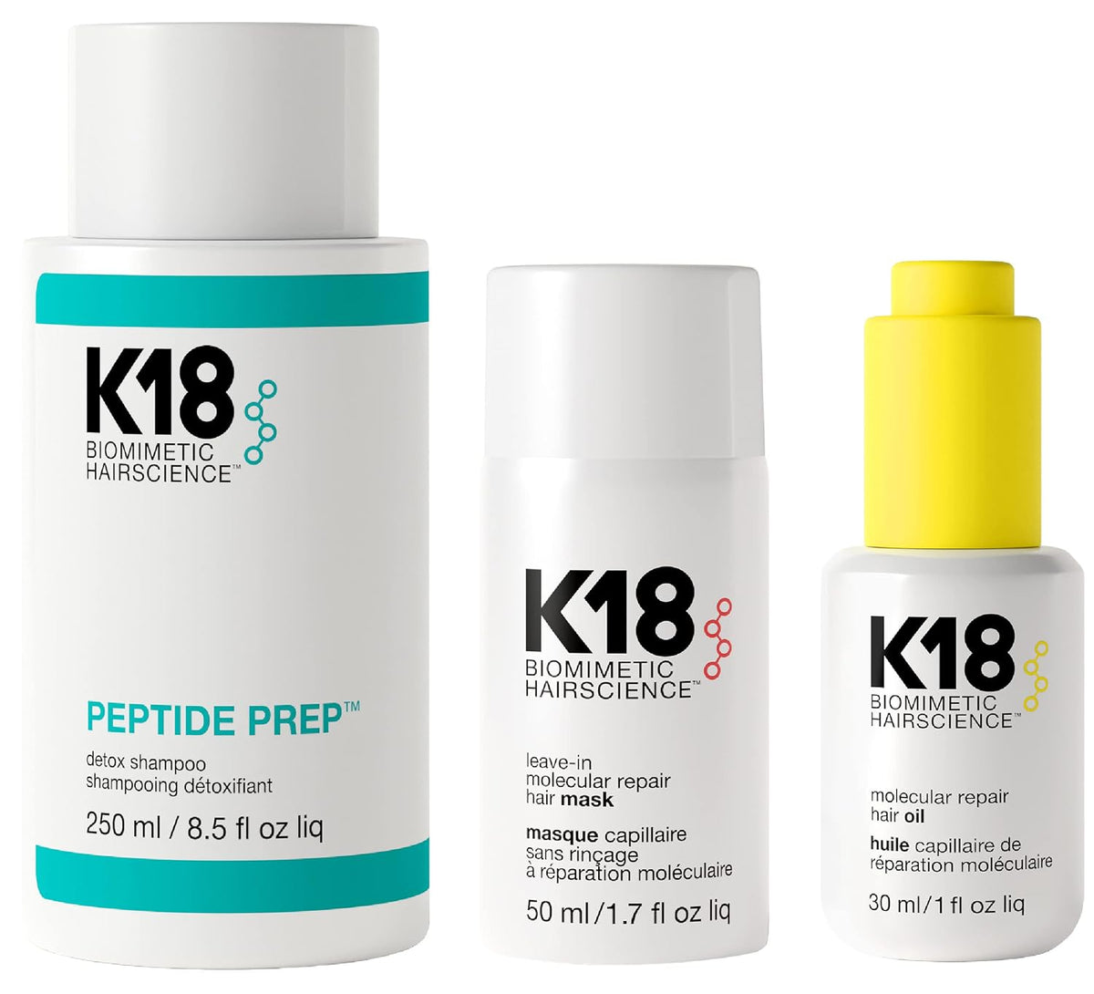 K18 Detox & Repair Bundle - Leave-In Repair Hair Mask, 4-Minute Speed Treatment(50ml), Color Safe Detox Clarifying Shampoo (8.5oz) to remove build up, and Weghtless Hair Strengthening Oil (30ml)