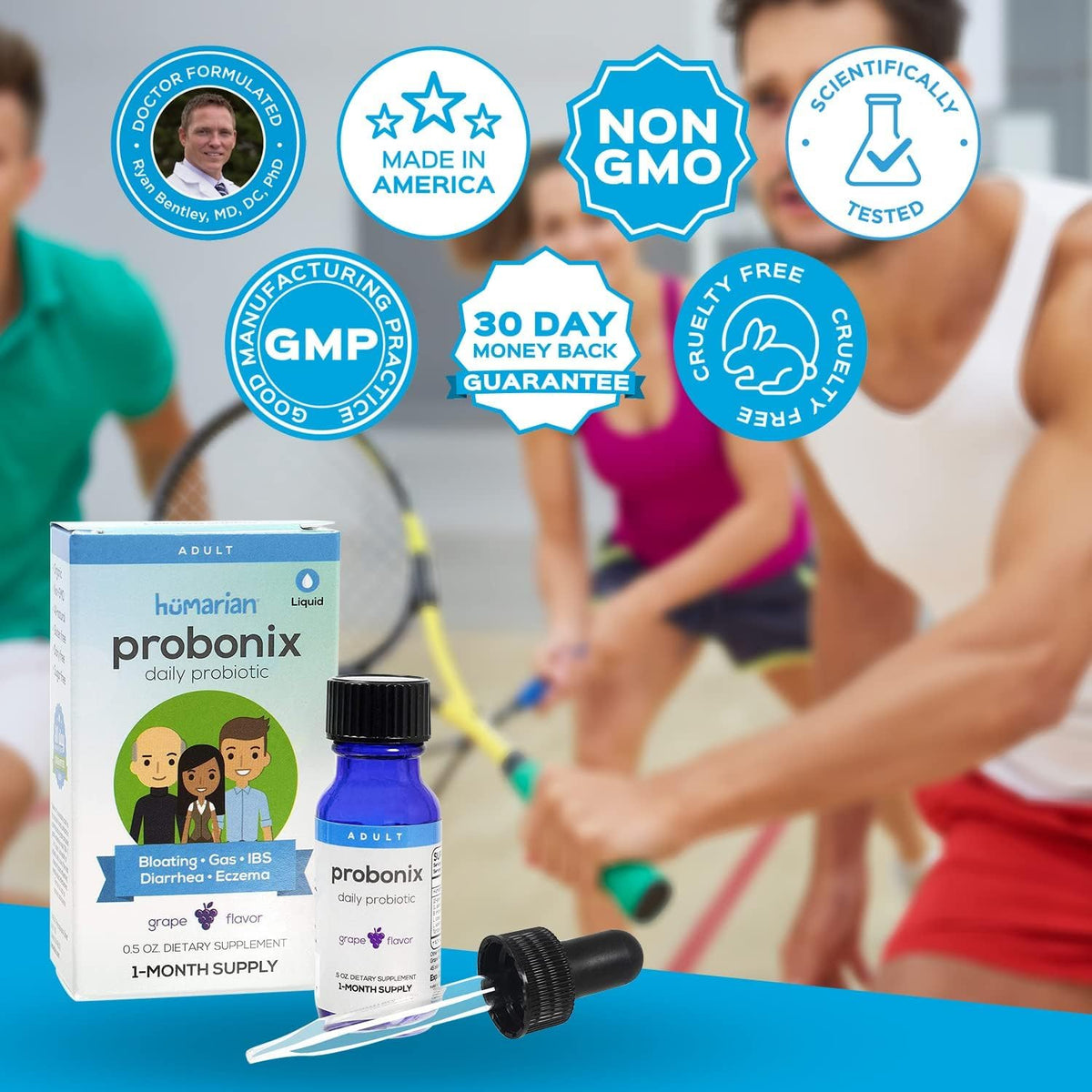 Probonix Humarian Liquid Probiotics for Adults - 12-Strain Probiotic Drops to Fortify Gut Health, Immunity and More - 30-Day Supply - Delicious Grape Flavor