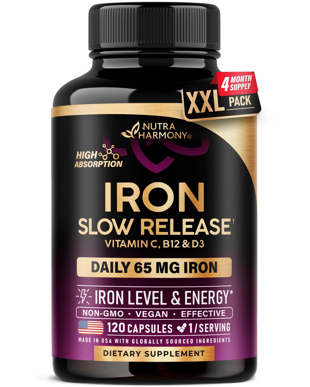 Iron Supplement for Women - Iron 65mg (Ferrous Sulfate 325mg) - Stomach Friendly | Slow Release | High Absorption - Vitamins C, D3, B6, B12 & Folate - Energy Support - 60 Capsules, 2 Month Supply