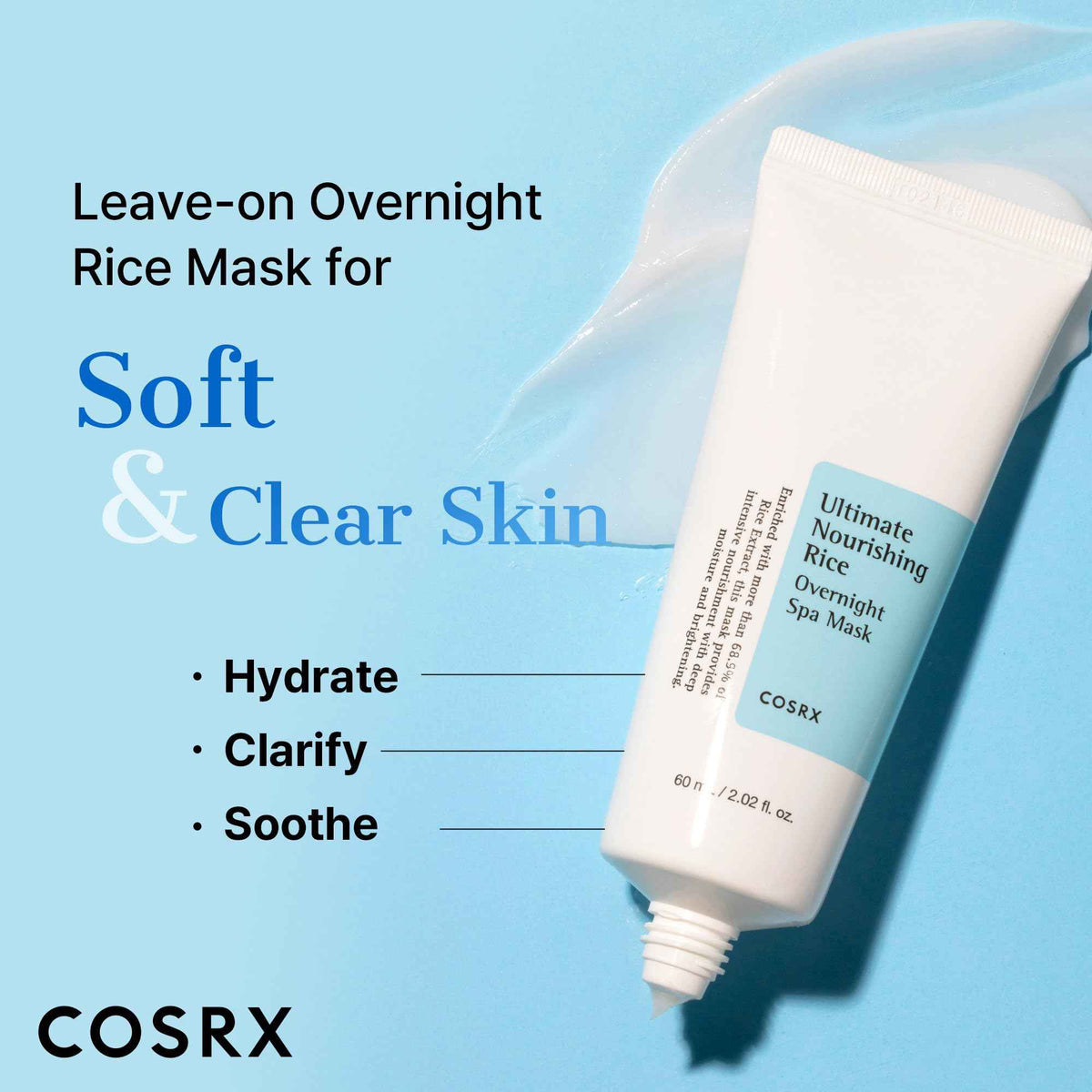 COSRX Ultimate Nourishing Rice Overnight Spa Mask, 60ml / 2.02 fl.oz | Rice Extract 68% and Niacinamide 2%, Korean Skin Care, Animal Testing Free