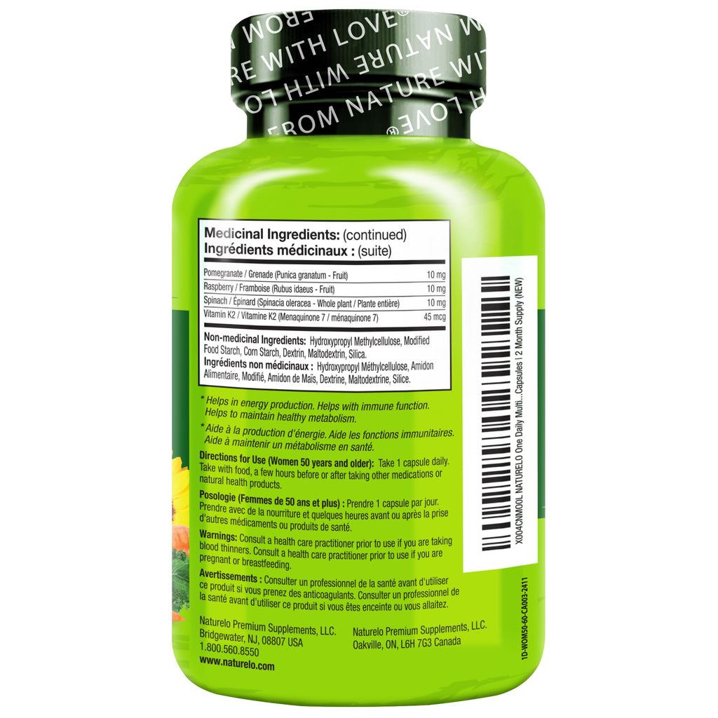NATURELO One Daily Multivitamin for Women 50+ (Iron Free) - Menopause Support for Women Over 50 - Whole Food Supplement - Non-GMO - No Soy - 60 Capsules - 2 Month Supply