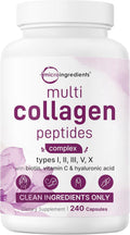 Micro Ingredients Multi Collagen Peptides Pills, 240 Capsules | For Women & Men. Type I, II, III, V, X. Hydrolyzed Collagen Supplement with Biotin, Hyaluronic Acid & Vitamin C. Filler Free.