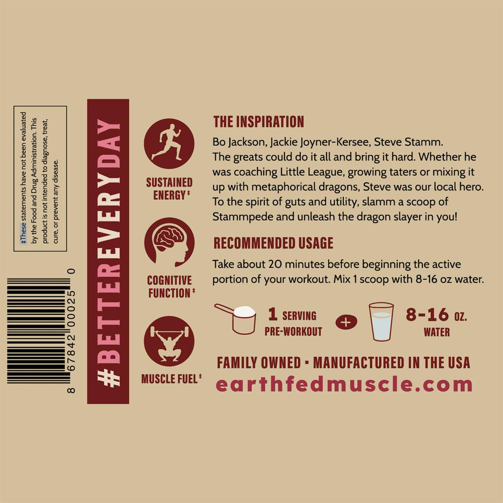Earth Fed Muscle Stammpede Lemonade Pre Workout, Third-Party Certified. 250mg Caffeine, Lemonade - 5g Beta Alanine, Citrulline Malate, Taurine - Soy Free, Gluten Free - 16 oz, 26 Servings | Third-Party Certified, 250mg Caffeine, 5g Beta Alanine, Citrullin