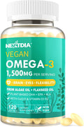 Vegan Omega 3 EPA DHA ALA Supplement + CoQ10, Vitamin D3 K2 (MK7) for Women Men | 1500mg Algae Oil as Fish Oil Alternative | Plant Based Omega 3 Mini Softgels for Bone, Brain, Eye, Skin | 120 Pills