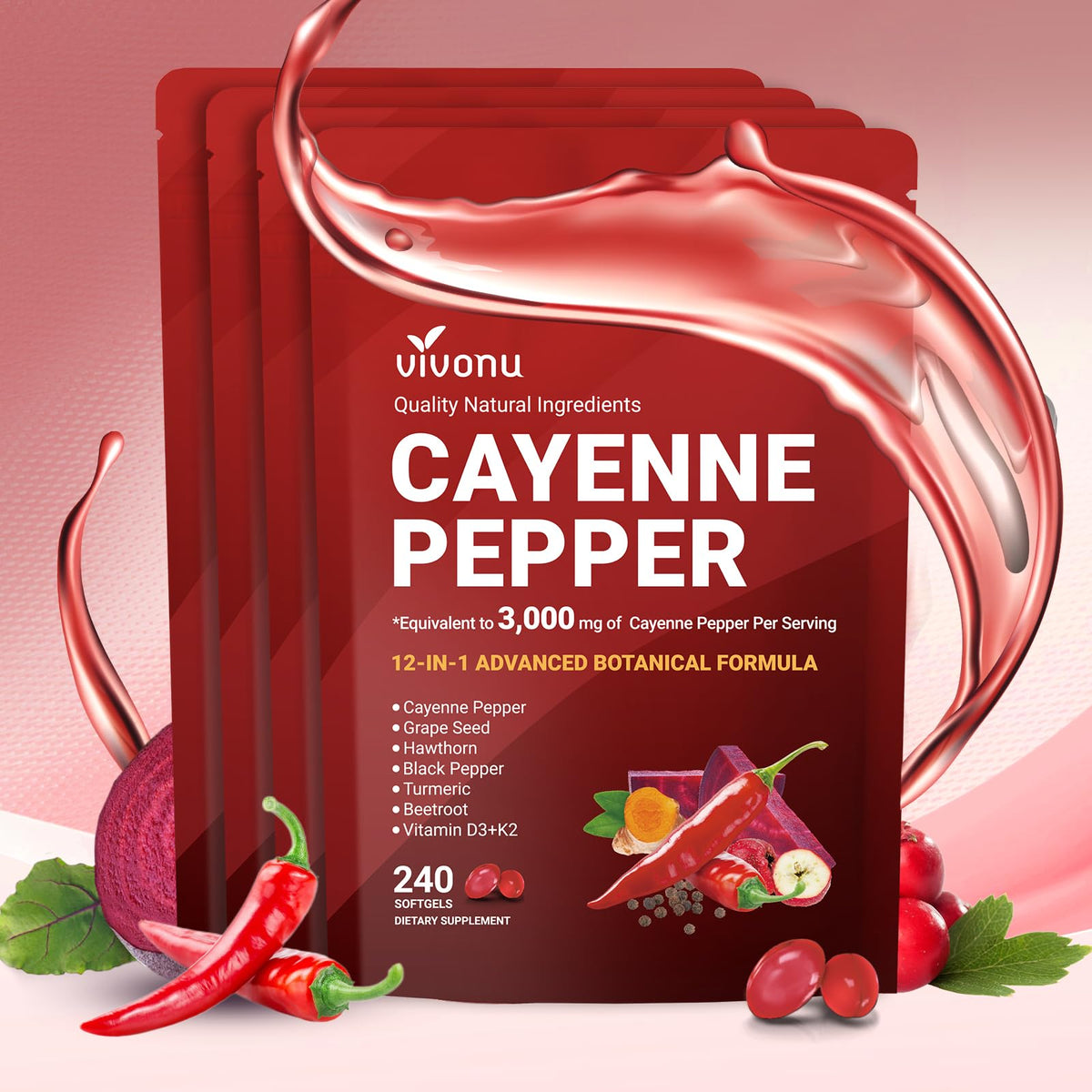 VivoNu Cayenne Pepper Softgels Supplement, Supports Leg Vein, Heart and Blood Vessel Health, with Vitamin E D3+K2 and Extracts of Grape Seed, Hawthorn, Beetroot, Berberine (Softgel / 1 Bag)