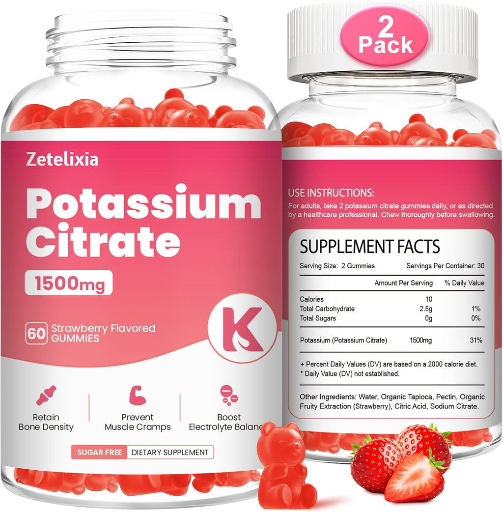 2 Pack Potassium Gummies for Adults Women & Men, Potassium Citrate Supplement, Support Leg Cramps, Muscle Health & Electrolyte Balance, Sugar Free, Organic, Vegan, Strawberry, 120 Cts