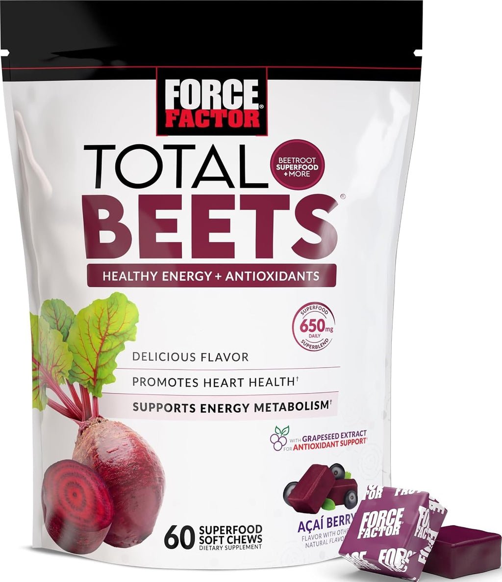 Force Factor Total Beets Soft Chews Heart Health Superfood with Beetroot | with Beet Root Powder & B Vitamins to Support Nitric Oxide, Healthy Energy Supplement, 60 Chews