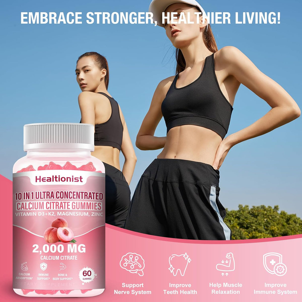 2 Packs 2000mg Calcium Citrate with Vitamin D3 K2 Supplements Gummies for Women & Men, Magnesium, Zinc, High Absorption, Bone, Muscle & Immune Support, 120 Counts Peach Flavor Gummies