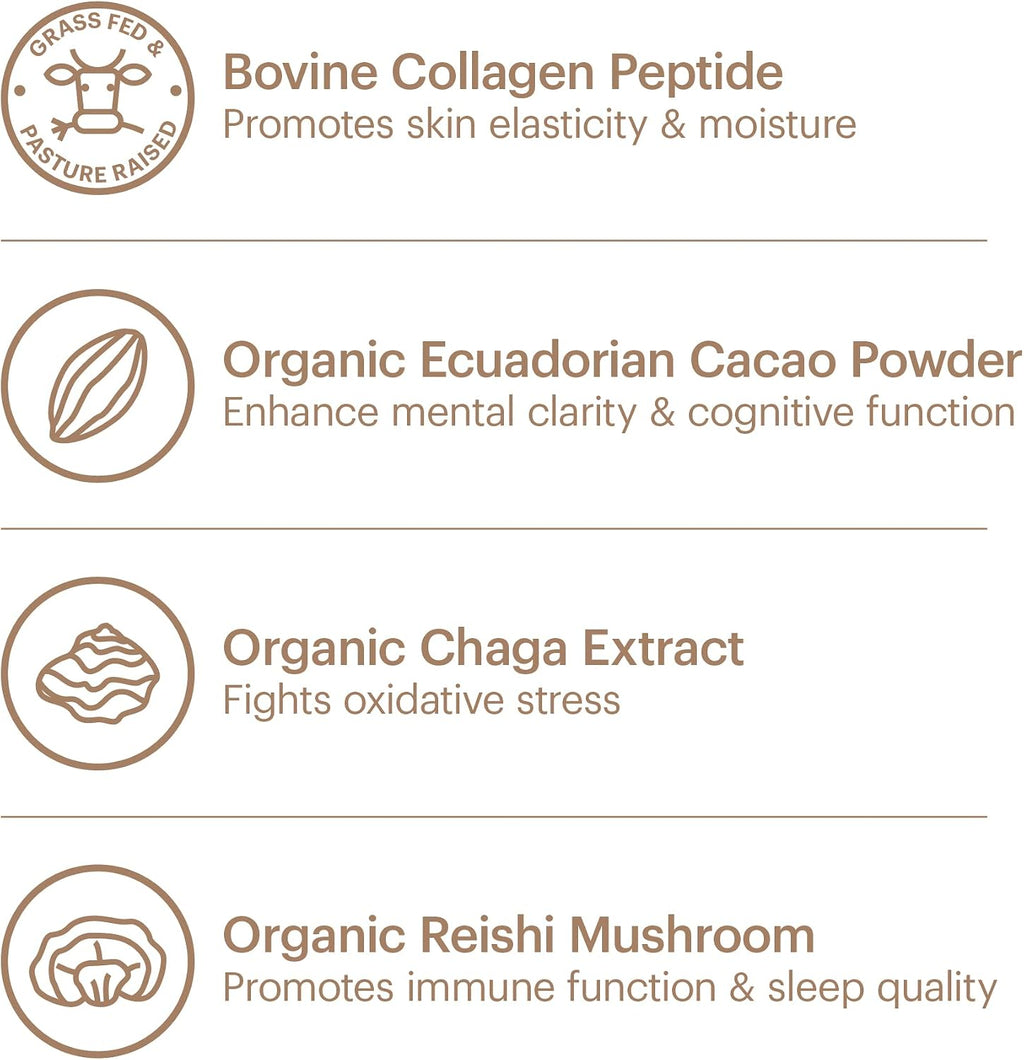 Wellthy Collagen Superfood Powder, Fights Stress & Fatigue, Cacao, Mushroom Powder - Organic Chaga & Reishi Extracts, Certified Organic Matcha, Allergen-Free & Non-GMO