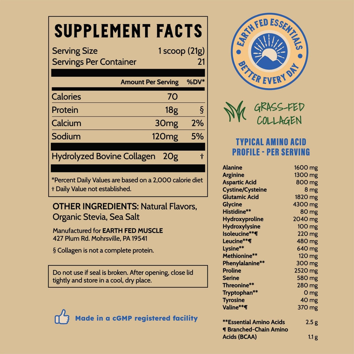 Earth Fed Muscle Collagen Peptides, Unflavored, 23 Servings | Third-Party Certified, 20g Protein, Grass Fed, Non-GMO, Hormone Free, Gluten Free, Multi-Type
