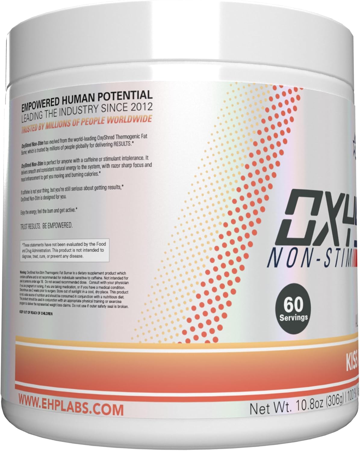 EHP Labs OxyShred Non Stimulant Pre Workout Powder - Stim Free Pre Workout, Caffeine Free Preworkout for Men & Women with L Glutamine & Acetyl L Carnitine - Peach, 60 Servings