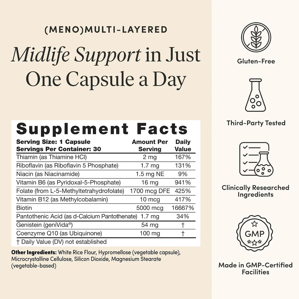 The 'Pause Life MenoMulti, Bone, Hair & Skin + Genistein, 30 Capsules | Biotin, B12, B6, folate & geniVida genistein formula for women. Supports hair, nails, skin, heart & bone health. Gluten free.
