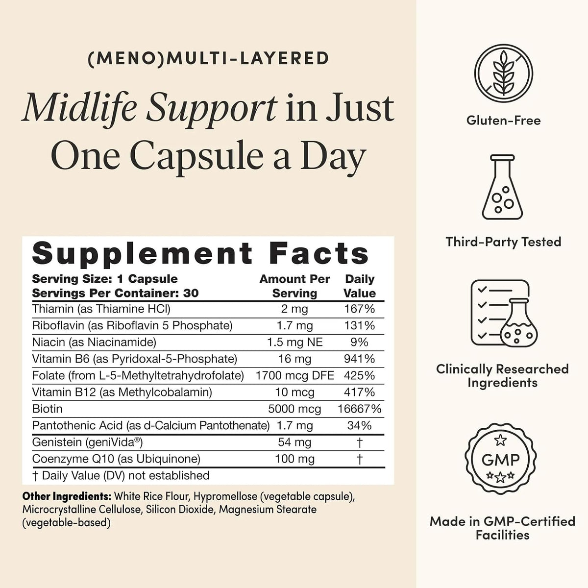 The 'Pause Life MenoMulti, Bone, Hair & Skin + Genistein, 30 Capsules | Biotin, B12, B6, folate & geniVida genistein formula for women. Supports hair, nails, skin, heart & bone health. Gluten free.