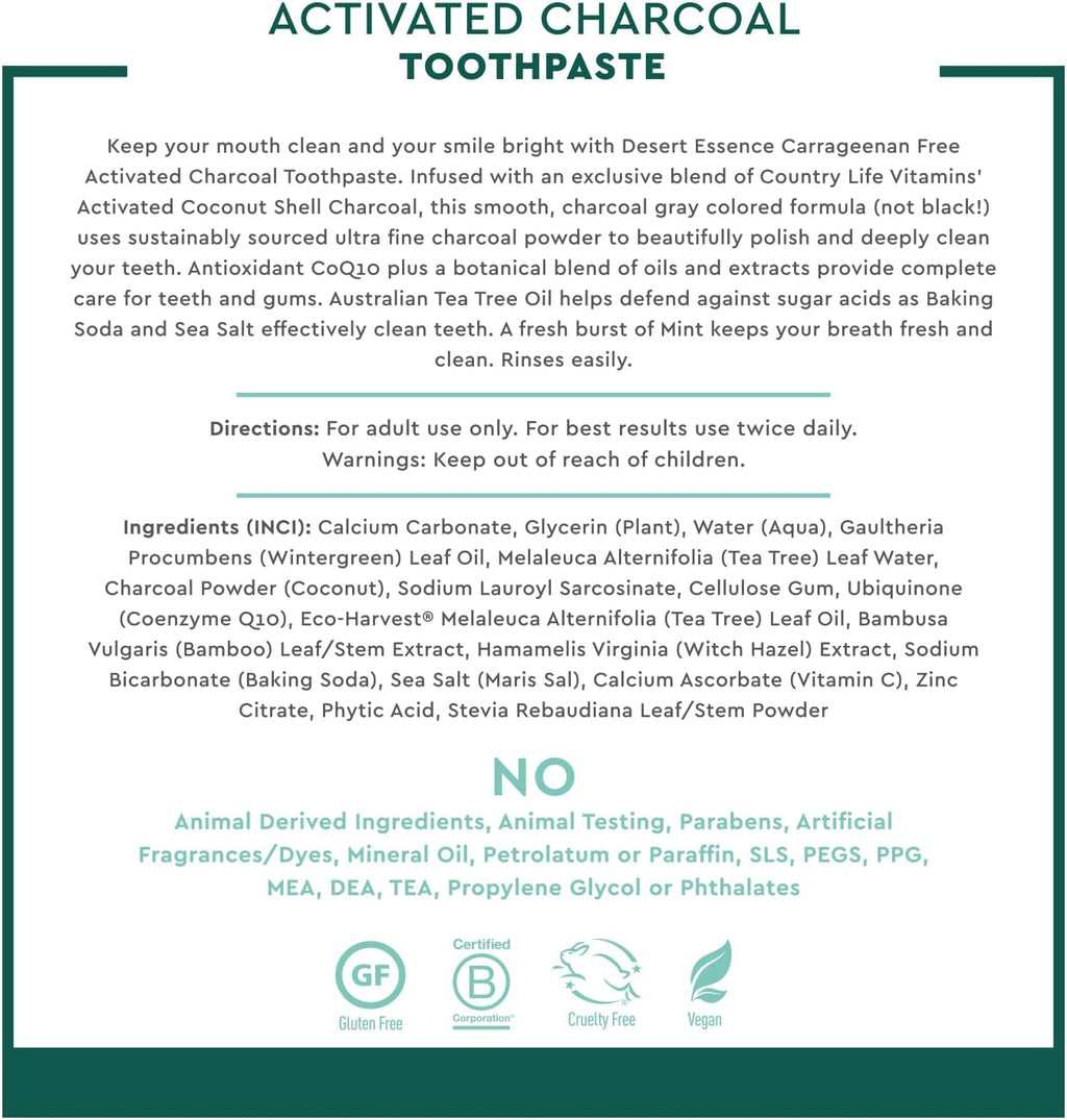 Desert Essence Activated Charcoal Toothpaste, Fluoride Free, 6.25 oz