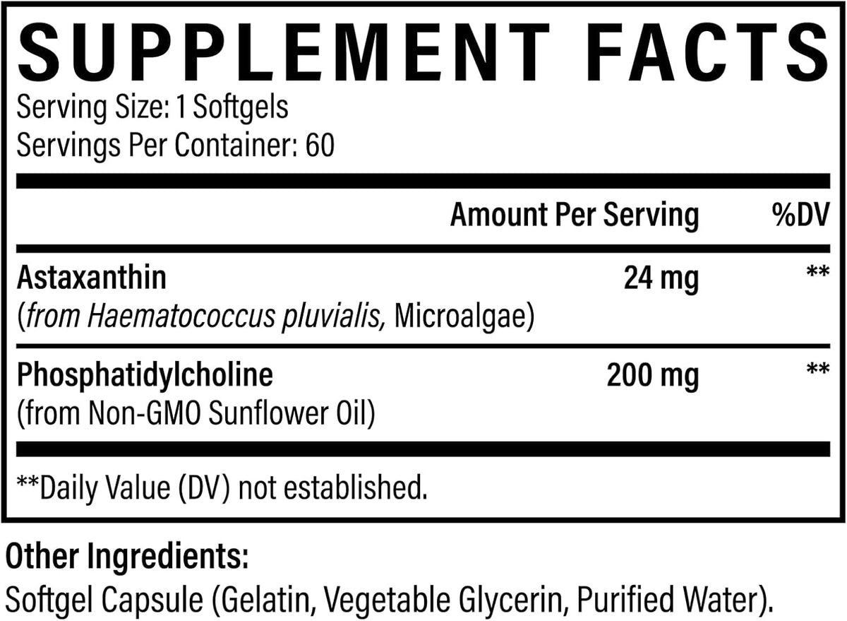 Liposomal Astaxanthin Supplement 24 MG, Maximum Absorption, Antioxidant Stronger Than VIT C, Non-GMO & Gluten Free - 60 Softgels(2 Months Supply)