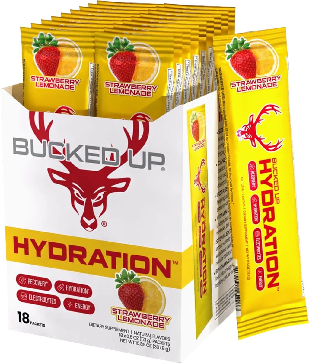 Bucked Up Hydration - Strawberry Lemonade | Electrolyte and Hydration Powder Drink Mix | 18 Packs (18 Servings)
