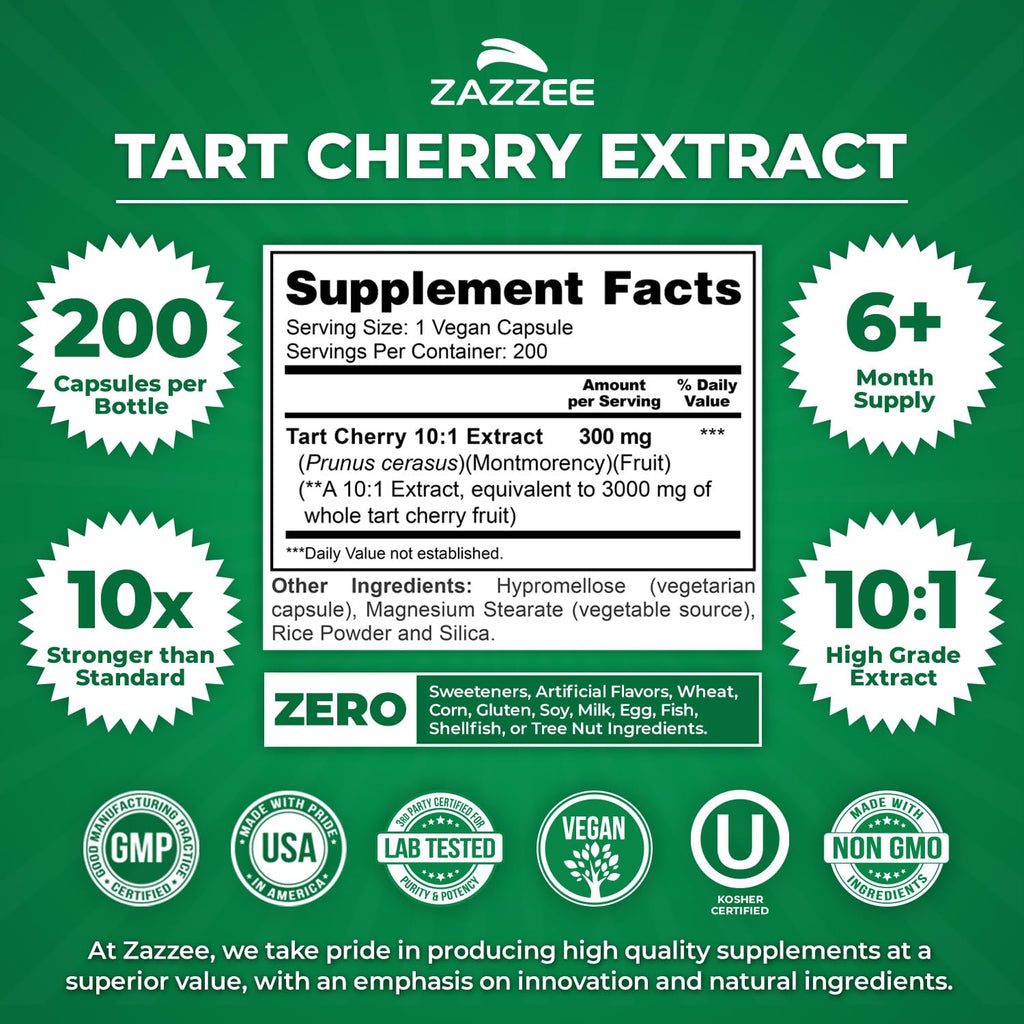 Zazzee Tart Cherry 10:1 Extract, 200 Vegan Capsules, 6+ Month Supply, Montmorency Cherry, Certified Kosher, Joint & Uric Acid Support, Antioxidant Support Formula, Non-GMO, Made in the USA