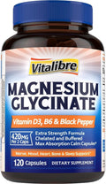 Vitalibre Magnesium Glycinate 420mg with Vitamin D3 B6, 120 Vegan Capsules | Chelated & Buffered Magnesium Supplement | High Absorption for Nerve, Bone, Heart, Mood, Sleep Support, Non-GMO