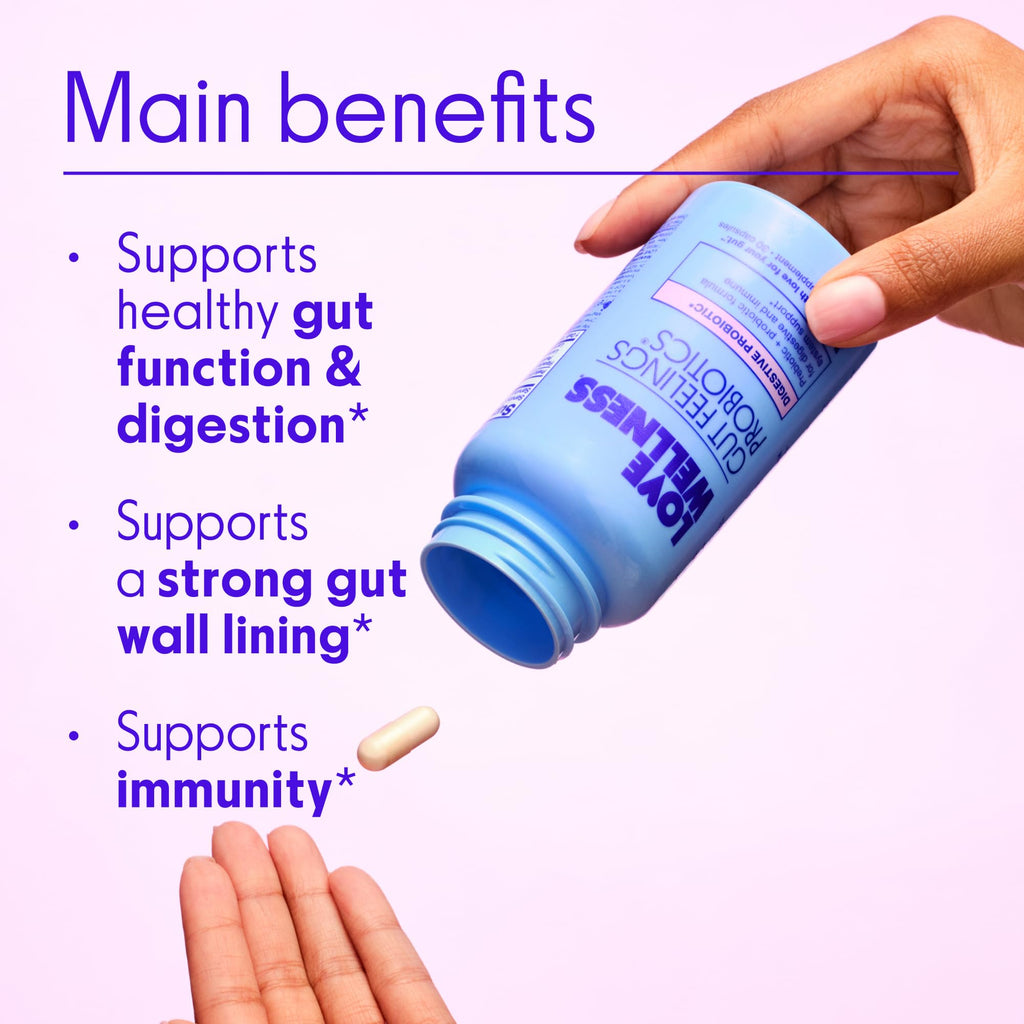 Love Wellness Gut Feelings Probiotic | Gut Health for Women, Digestion Relief & Immune Support Supplement | Womens Probiotic for Gas Relief | 3 Billion CFU | Safe Prebiotic and Postbiotic | 30 Count