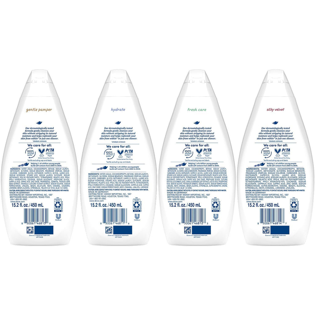 Dove Moisturizing Body Wash, Variety 6-Pack, 15.2 Oz Ea | Hydrate 2-Pack + Gentle Pamper, Fresh Care, and Silky Velvet | Moisturizing Shower Gel Liquid, Instantly Replenish Dry Skin
