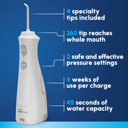 Waterpik Cordless Pearl Rechargeable Portable Water Flosser for Teeth, Gums, Braces Care and Travel, Extra Quiet, 4 Flossing Tips - ADA Accepted, WF-13 White, Amazon Exclusive