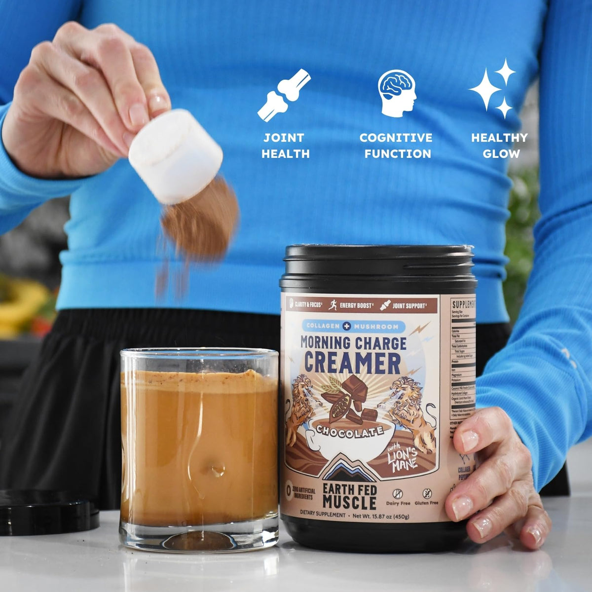 Earth Fed Muscle Vanilla Protein Coffee Creamer Powder, 24 Servings | Collagen Peptides, Lion's Mane, Coconut Milk, Non-Dairy, Morning Charge - Focus + Joint Support
