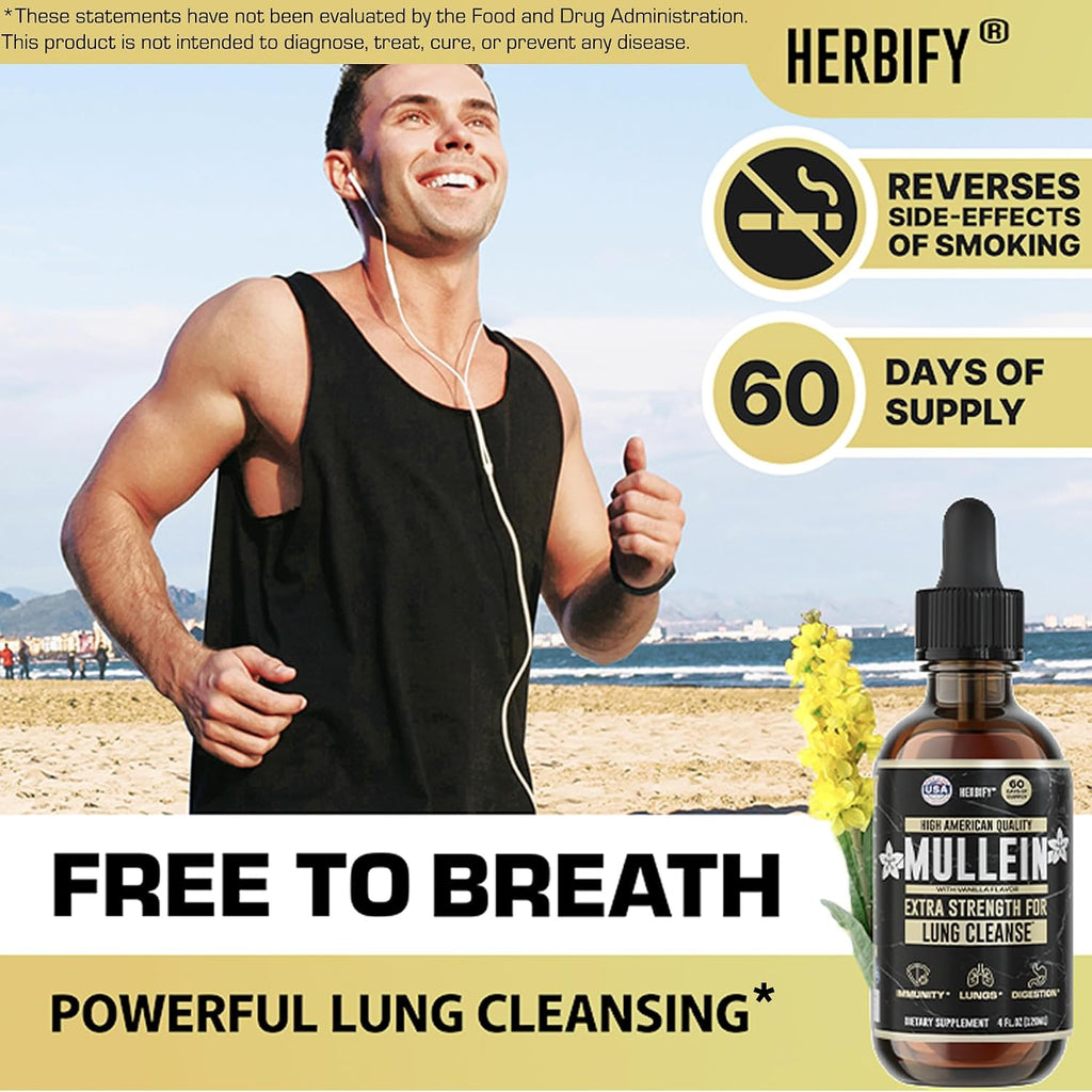 HERBIFY Bundle - Lions Mane & Mullein Vanilla 4 Fl Oz Drops - Supplement for Memory, Focus & Clarity & Immune Support, Lung Cleanse and Bronchial Support