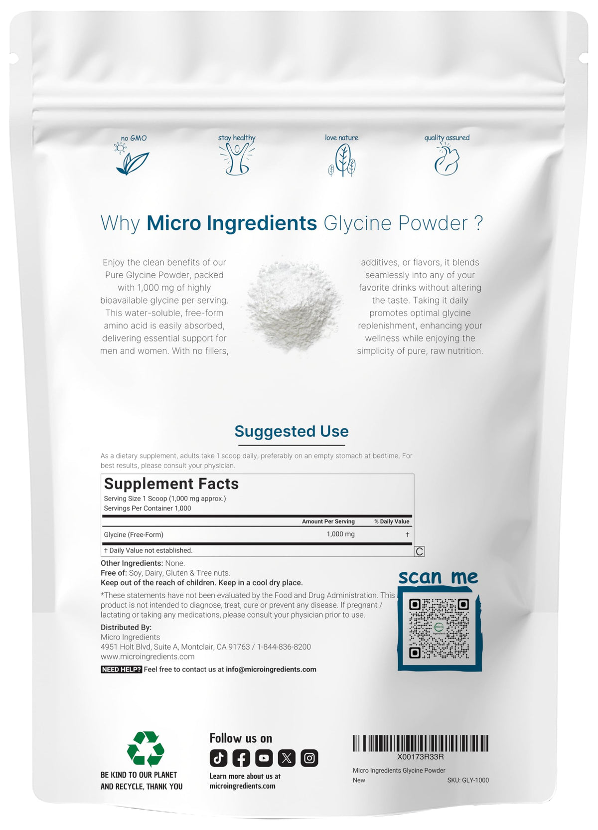 Micro Ingredients Glycine Powder, 1KG (2.2 Pounds), Glycine 1000mg Per Serving, Water Soluble and Products of USA