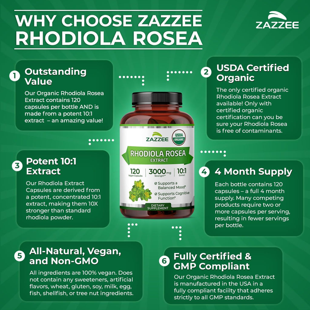 Zazzee USDA Organic Rhodiola 10:1 Extract, 120 Capsules, 4 Month Supply, Rhodiola Rosea, Energy, Stress & Mental Focus Support, Concentrated 10X Extract, All-Natural, Non-GMO, Made in the USA