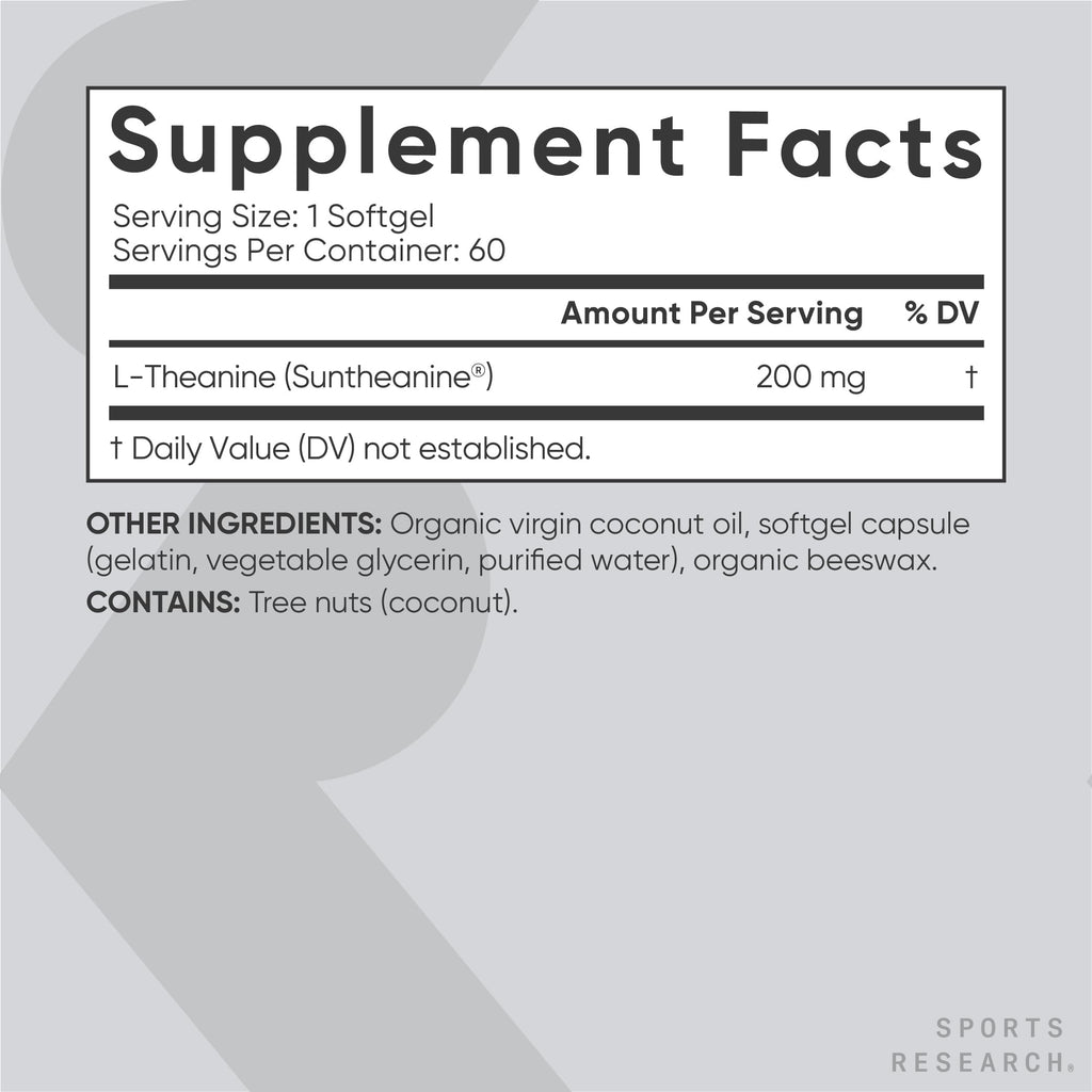 Sports Research Double Strength L-Theanine Supplement - Suntheanine Softgels for Focus, Relaxation & Alertness - Non-Drowsy Support Made with Coconut Oil, Non-GMO & Gluten Free - 200mg, 60 Count