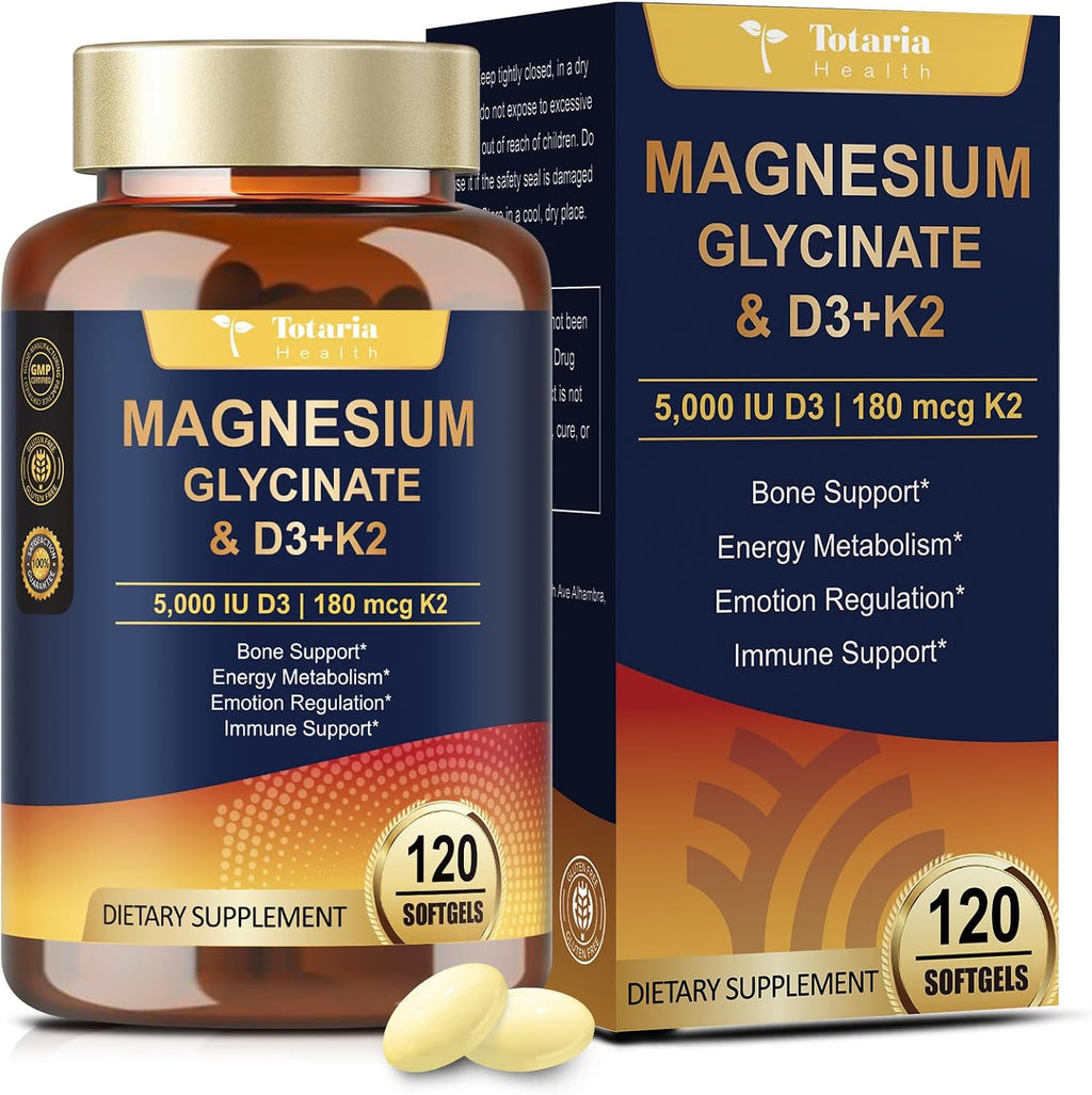 9-in-1 Magnesium Glycinate 500mg + Vitamin D3 5000 IU & K2 Complex - High Absorption - Healthy Stress, Sleep, Muscle Function, Bone Health & Energy Supports | Non-GMO, Gluten-Free 120 Softgels