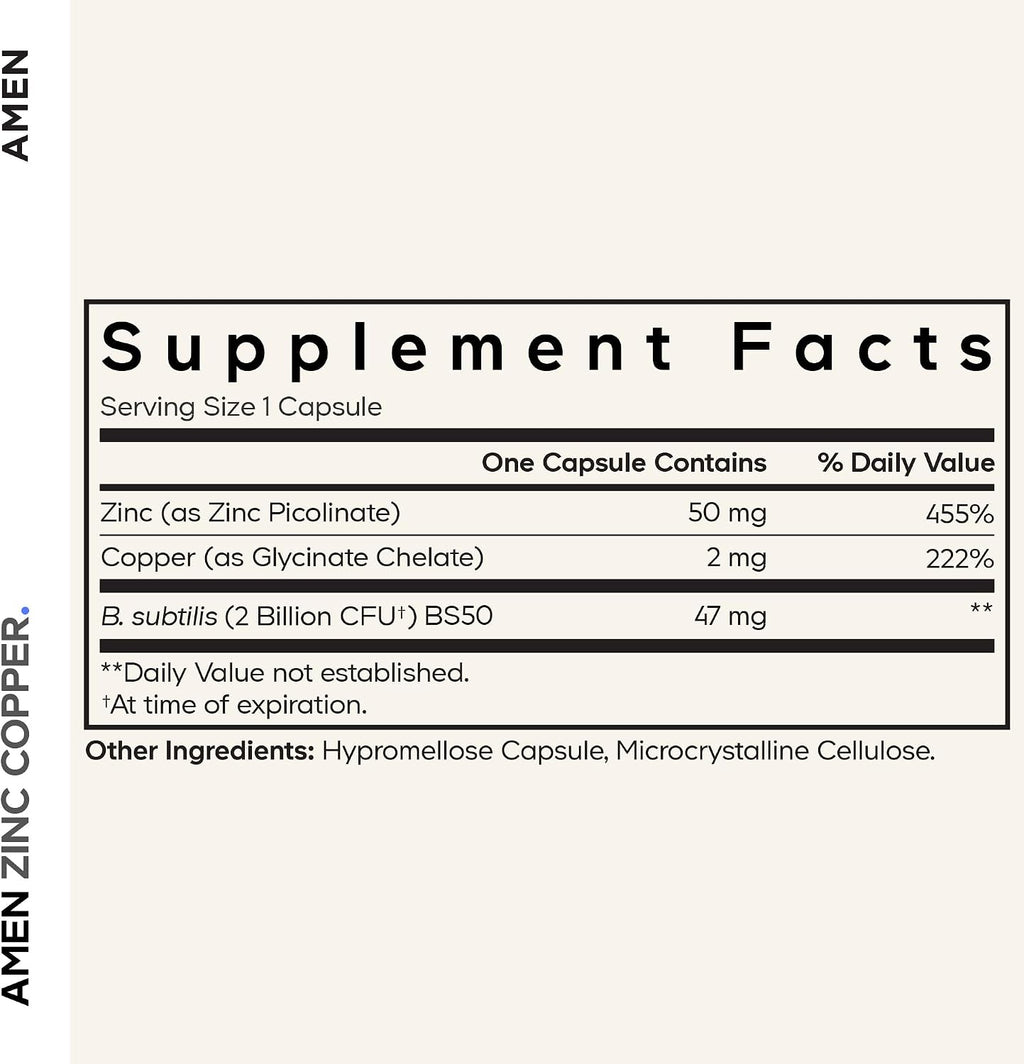 Amen Zinc & Copper Supplement + Probiotics, 3 Months Supply, One Per Day - 50 mg Zinc Picolinate Vitamin Pills - Essential Minerals Supplements – 2 Billion CFUs Probiotic – Vegan, Non-GMO, 90 Capsules