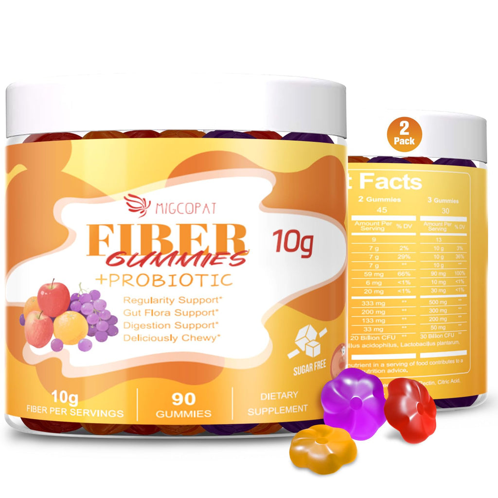 Migcopat 10G Fiber Gummies for Adults - Support Digestive Health - Fiber Supplement with 30 Billion CFU Probiotics Blend, ACV, Vitamin C, Inulin - No Sugar Added - Fruit Flavored - 180 Count