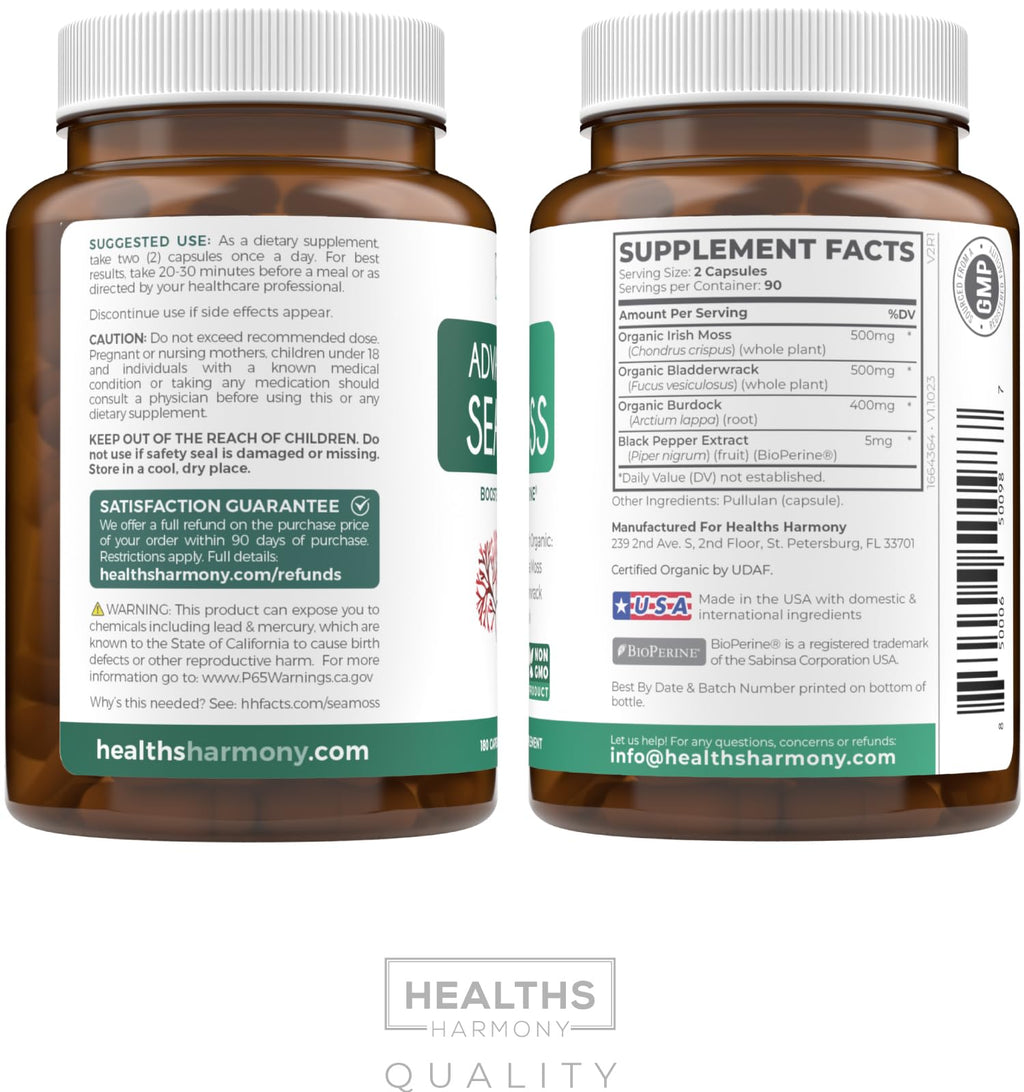 Organic Irish Sea Moss Capsules - Organic Sea Moss Capsules with Bladderwrack Burdock Root and Black Pepper Extract for Enhanced Absorption - Vegan Non-GMO & Made in the USA (1 Month Supply)