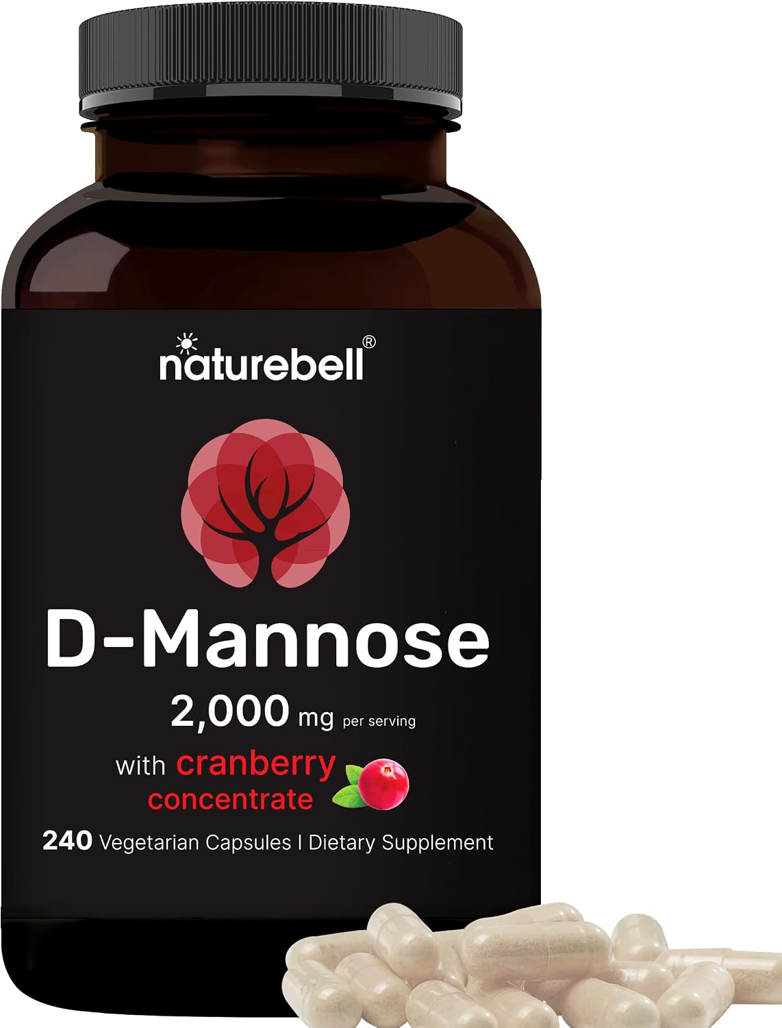 NatureBell D-Mannose 500mg Capsules (2,000mg Per Serving) | 240 Veggie Capsules + Cranberry Concentrate 40mg – Fast Acting Urinary Tract Health Pills – Ultra UTI Support for Women & Men