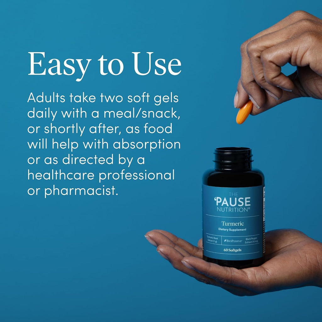 The 'Pause Life Turmeric + Black Pepper, Joint & Bone Support, 60 Softgels | Natural turmeric root & black pepper extract. Bone, joint & immune support for men & women. Easy to swallow, 30 servings.