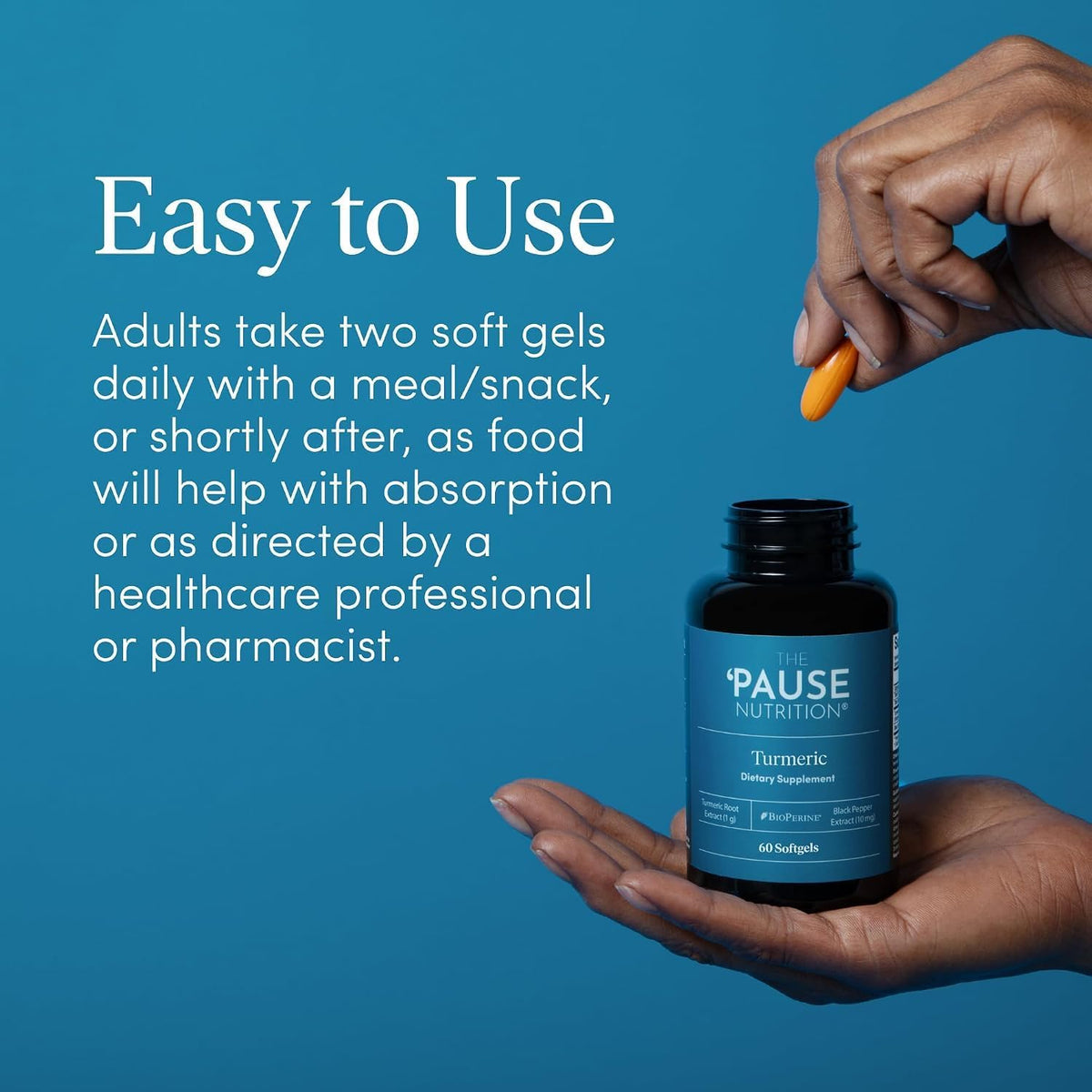 The 'Pause Life Turmeric + Black Pepper, Joint & Bone Support, 60 Softgels | Natural turmeric root & black pepper extract. Bone, joint & immune support for men & women. Easy to swallow, 30 servings.